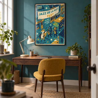 Paris Jazz Poster, framed on the wall of a small home study in a design-conscious UK flat with a teal painted wall and a pale timber floor