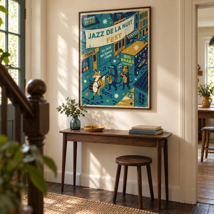 Paris Jazz Poster, framed on the wall of a welcoming hallway in a renovated UK terrace with warm cream plaster walls and dark timber floorboards