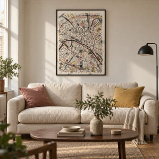 Paris Map Art Print, framed on the wall of a characterful living room in a Victorian UK flat with warm white walls