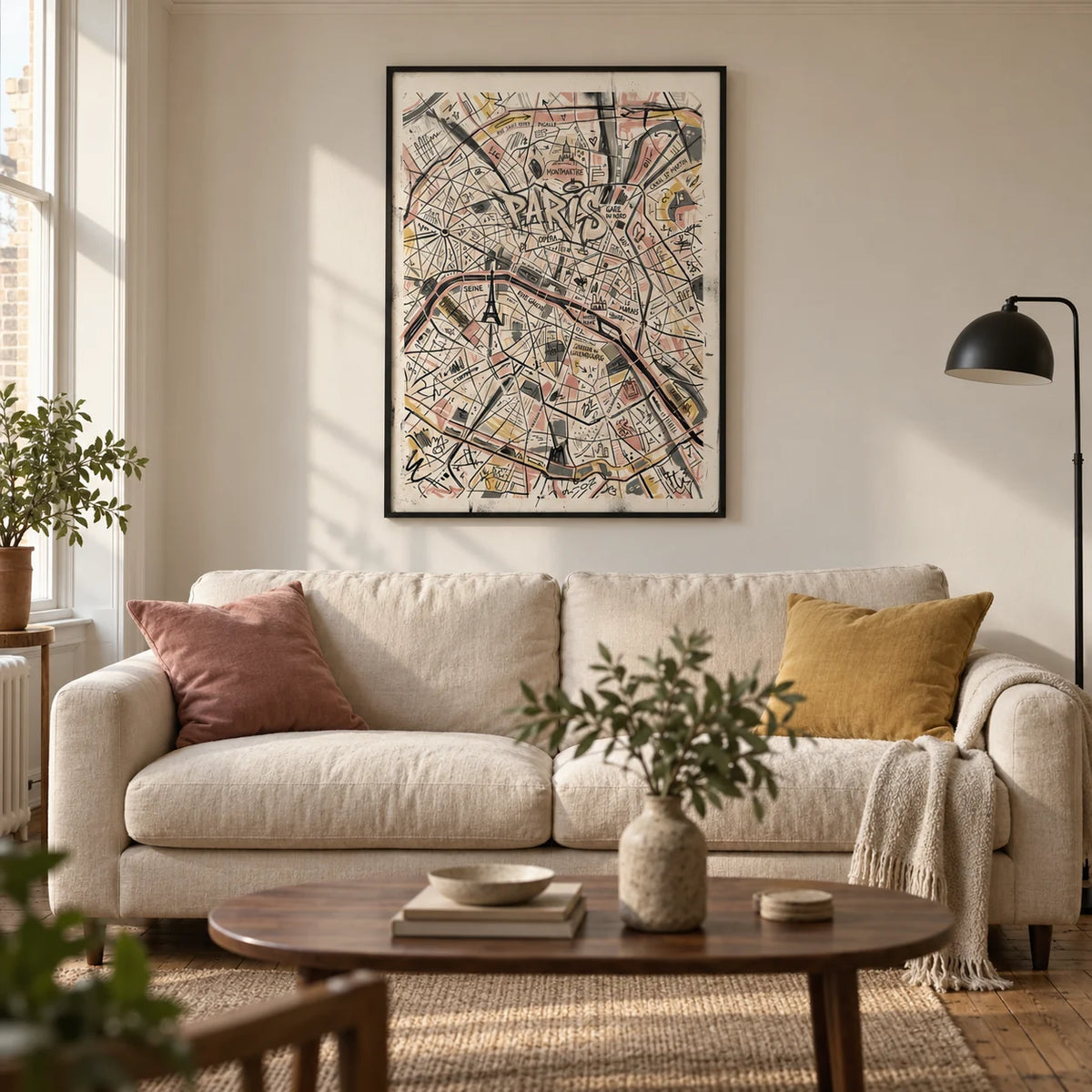 Paris Map Art Print, framed on the wall of a characterful living room in a Victorian UK flat with warm white walls