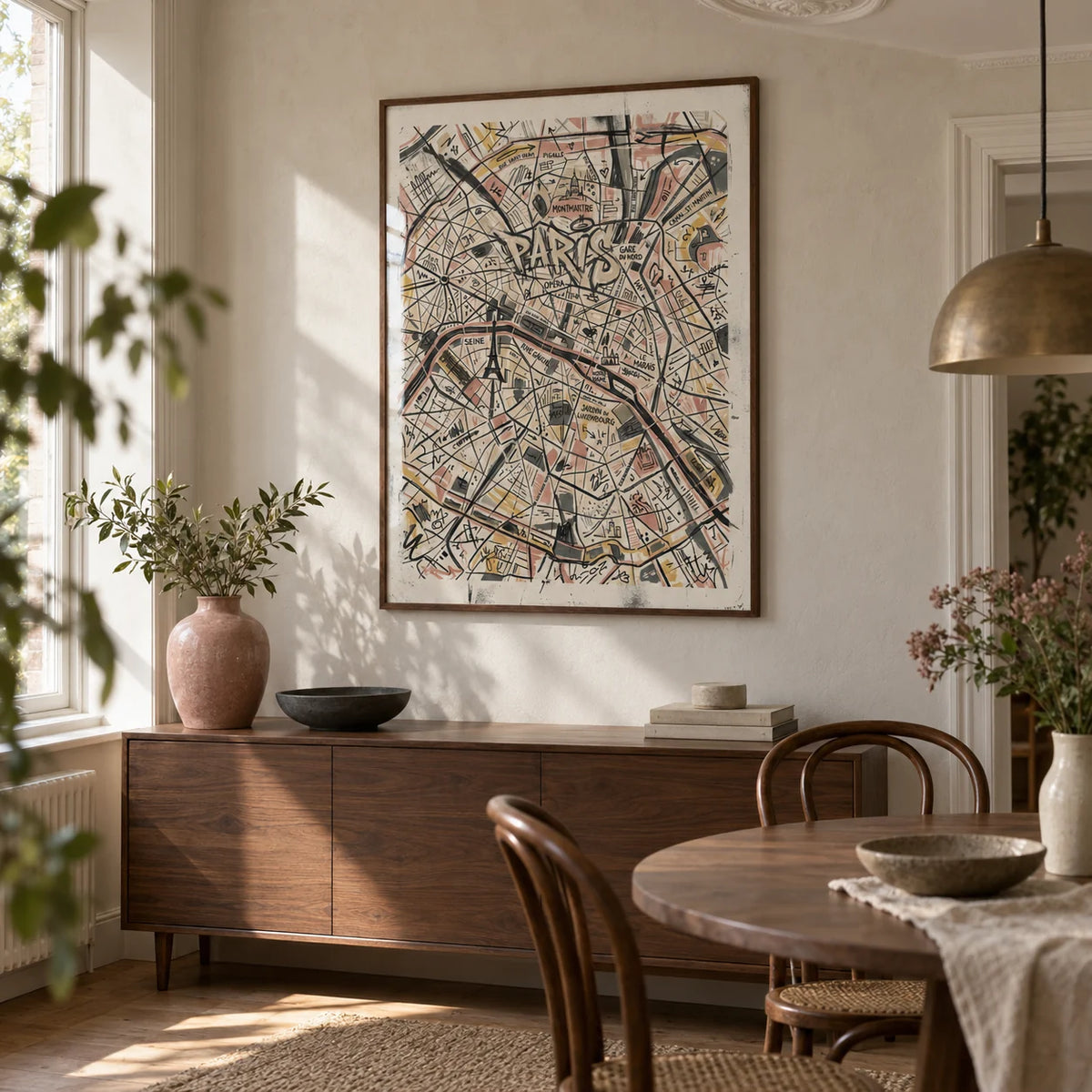Paris Map Art Print, framed on the wall of a compact dining room in a renovated UK terrace with a pale plaster wall and a simple ceiling rose