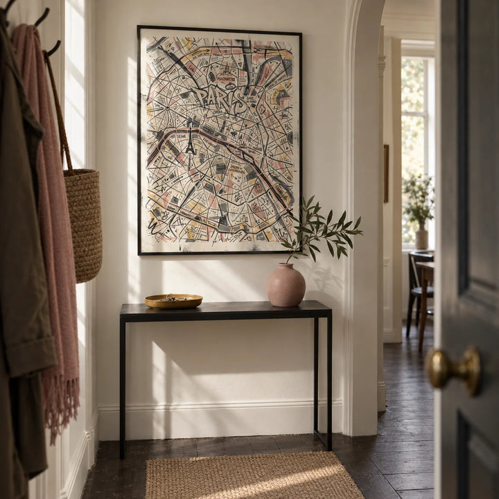 Paris Map Art Print, framed on the wall of a narrow entrance hallway in a London flat with cream walls