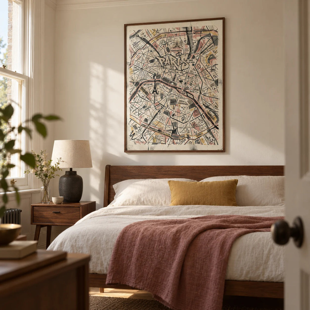 Paris Map Art Print, framed on the wall of a restful bedroom in a period UK terrace with warm white walls and a simple plaster cornice