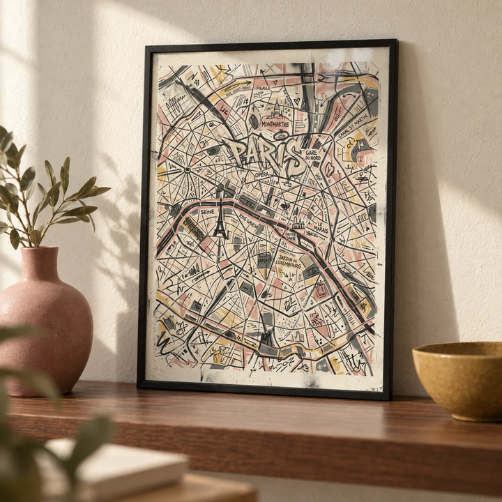 Paris Map Art Print, a small A4 framed print leaning on a walnut shelf in a living room