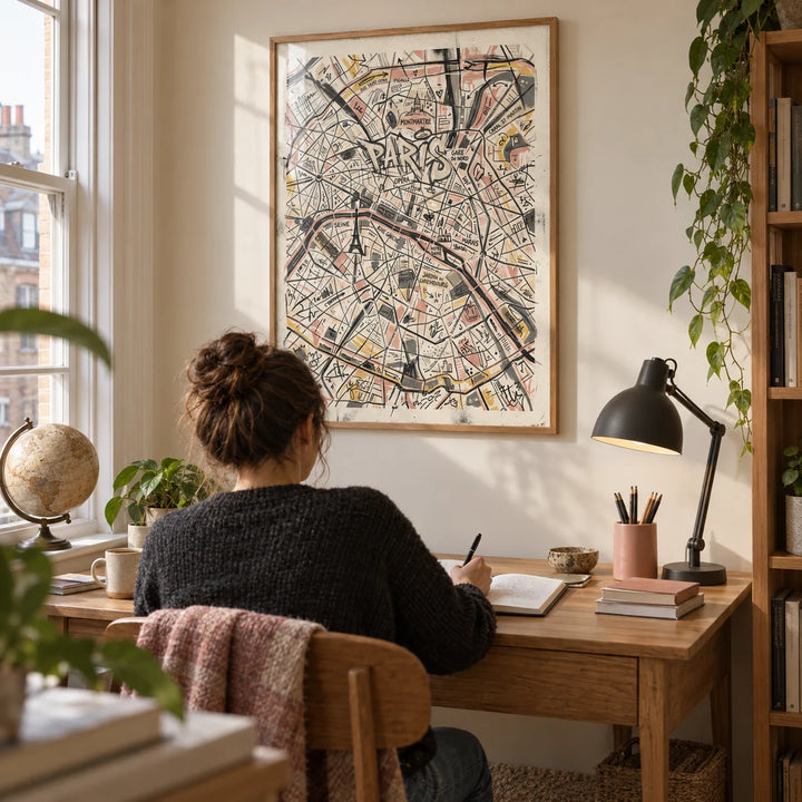 Paris Map Art Print, framed on the wall of a small home study in a UK city flat for a travel-loving adult (28-45)