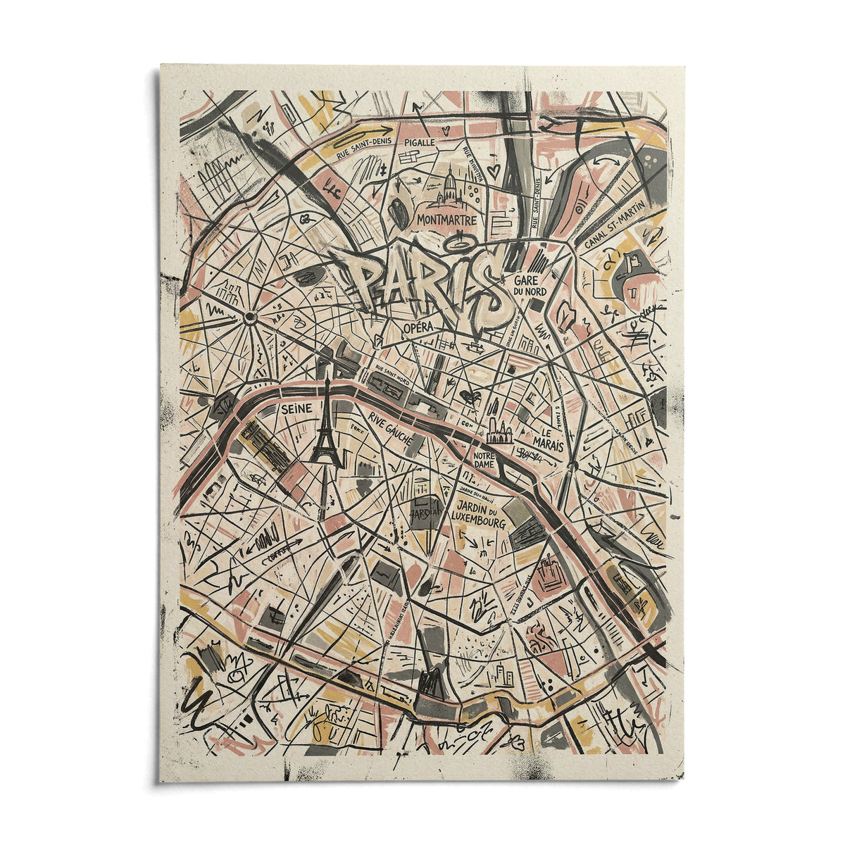 Paris Map Art Print, shown as an unframed paper print on a plain white background