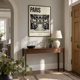 Paris Opera Art Print, framed on the wall of a characterful entrance hall in a renovated UK period flat with pale grey walls and a simple plaster archway