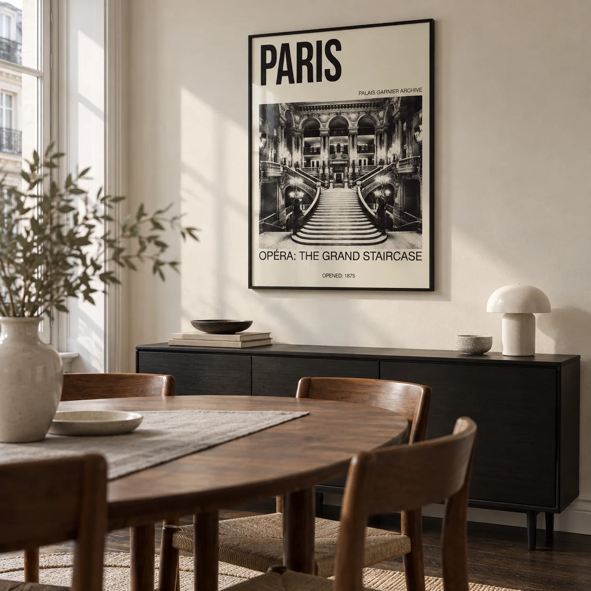 Paris Opera Art Print, framed on the wall of a crisp dining room in a design-conscious UK city flat with an ivory wall and dark timber floor