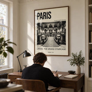 Paris Opera Art Print, framed on the wall of a quiet home study in a UK Georgian conversion with warm white walls and simple original cornicing