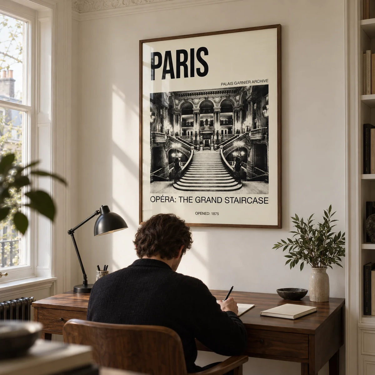 Paris Opera Art Print, framed on the wall of a quiet home study in a UK Georgian conversion with warm white walls and simple original cornicing
