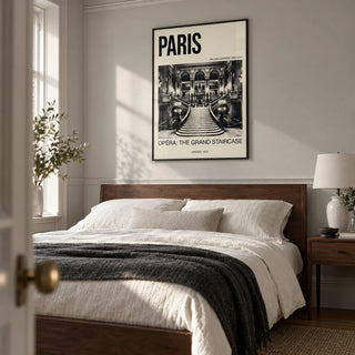 Paris Opera Art Print, framed on the wall of a tailored bedroom in a UK period apartment with a pale grey wall and restrained plaster moulding