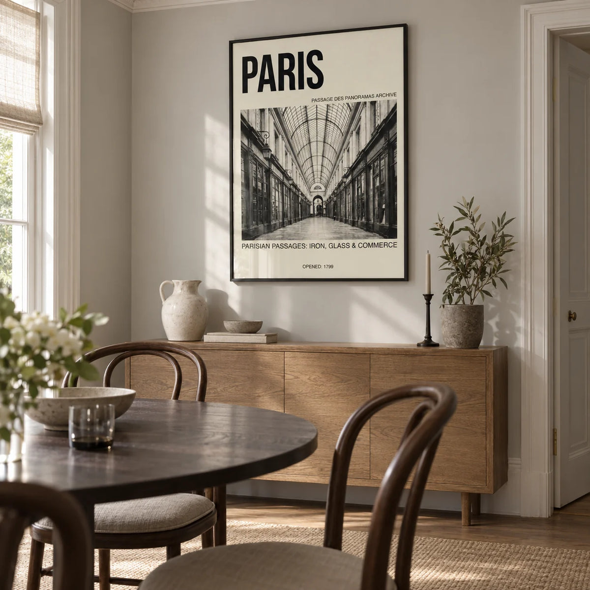 Parisian Passage Art Print, framed on the wall of a compact dining room in a Georgian townhouse with pale grey walls and understated cornicing