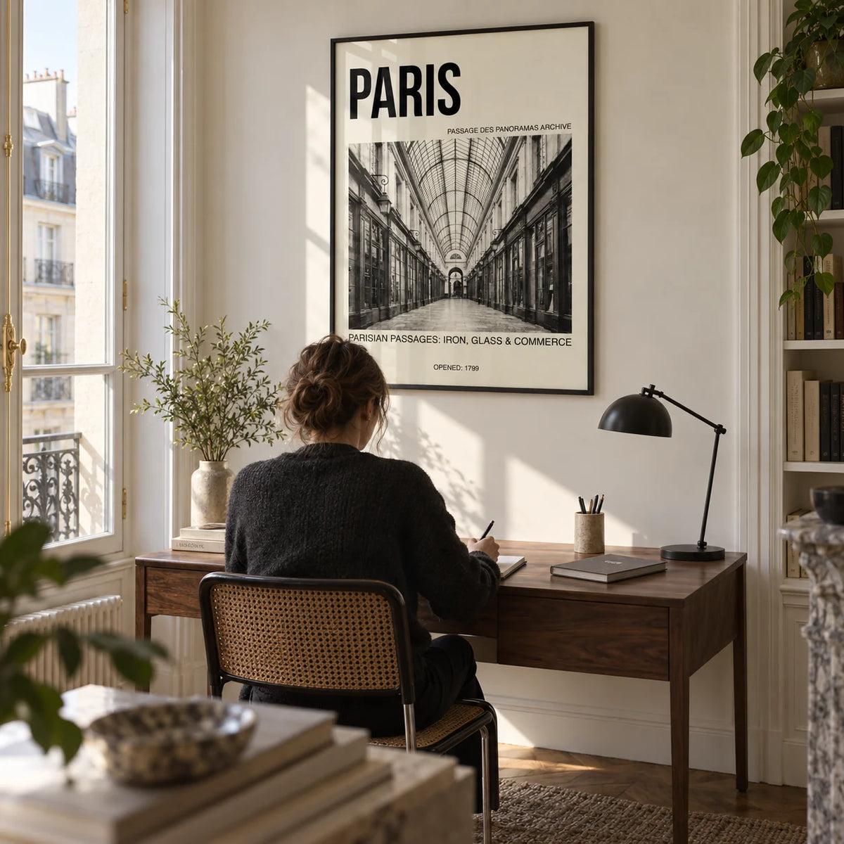 Parisian Passage Art Print, framed on the wall of a quiet study in a converted period flat with an ivory wall and tall sash window