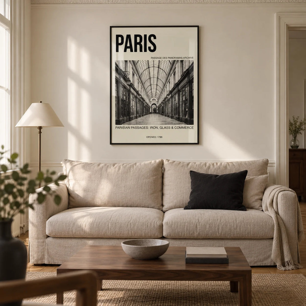 Parisian Passage Art Print, framed on the wall of a refined living room in a Victorian flat with ivory walls