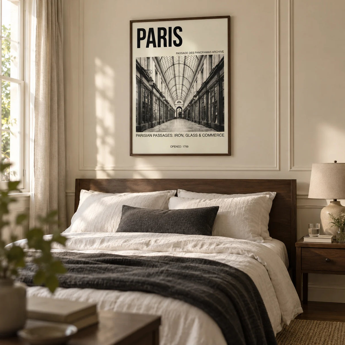 Parisian Passage Art Print, framed on the wall of a restful main bedroom in a Victorian terrace with a warm ivory wall and restrained panel mouldings