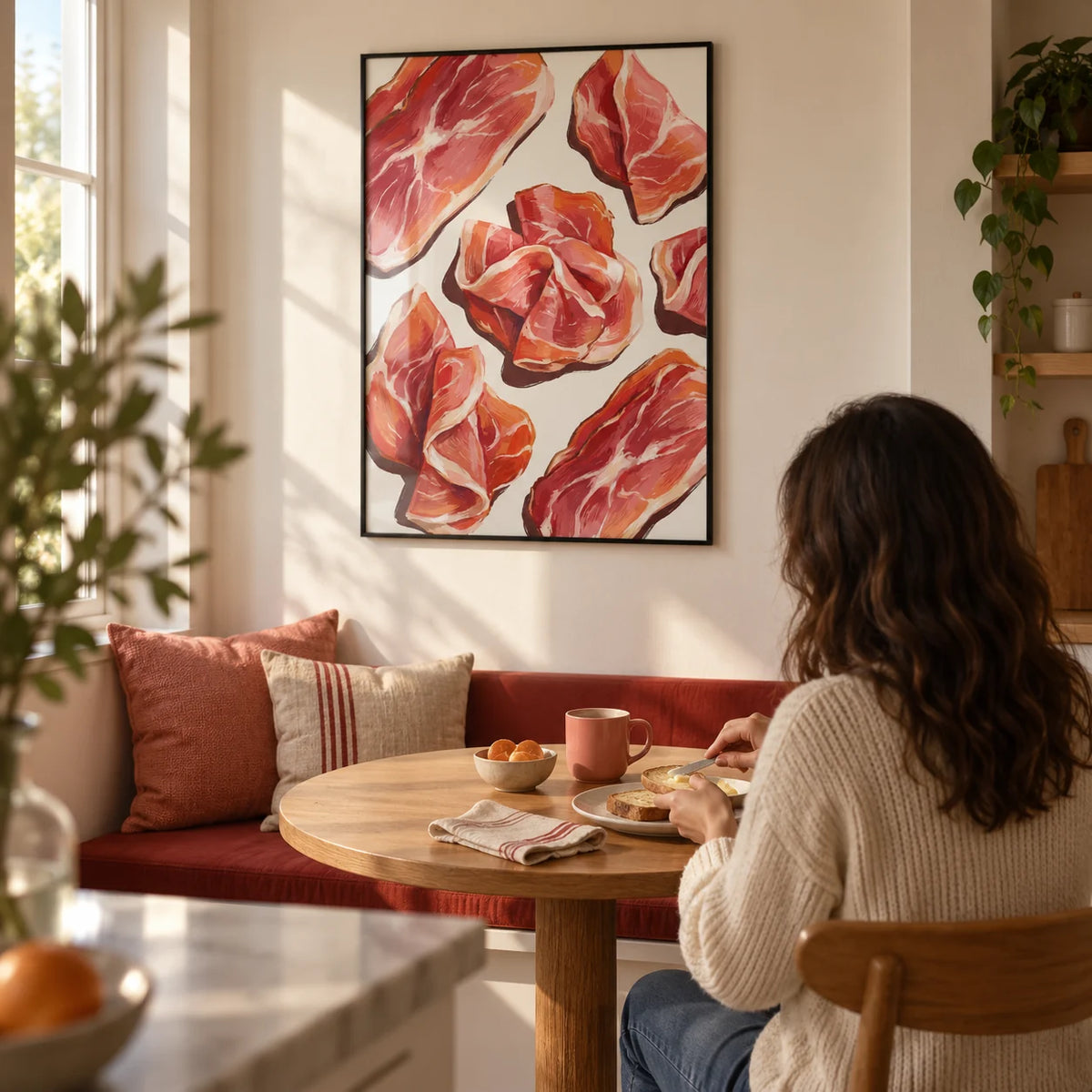Parma Ham Poster, framed on the wall of a compact kitchen breakfast nook in a first home for a couple aged 25-35