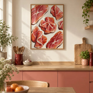 Parma Ham Poster, framed on the wall of a contemporary kitchen in a UK terraced house with ivory walls