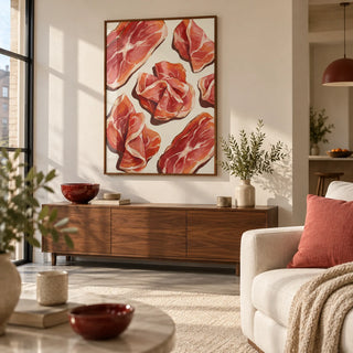 Parma Ham Poster, framed on the wall of a contemporary open-plan living room in a UK flat with warm white walls and a concrete floor