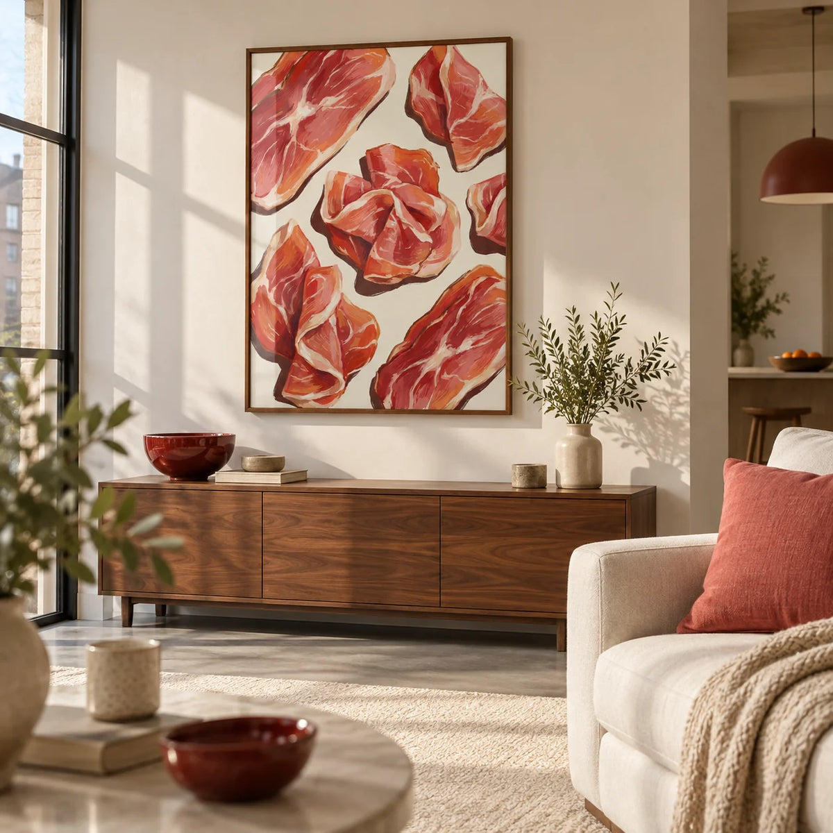 Parma Ham Poster, framed on the wall of a contemporary open-plan living room in a UK flat with warm white walls and a concrete floor