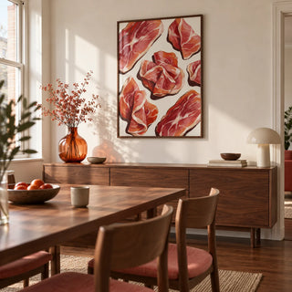 Parma Ham Poster, framed on the wall of a design-led dining room in a city flat with a warm white wall and walnut floor