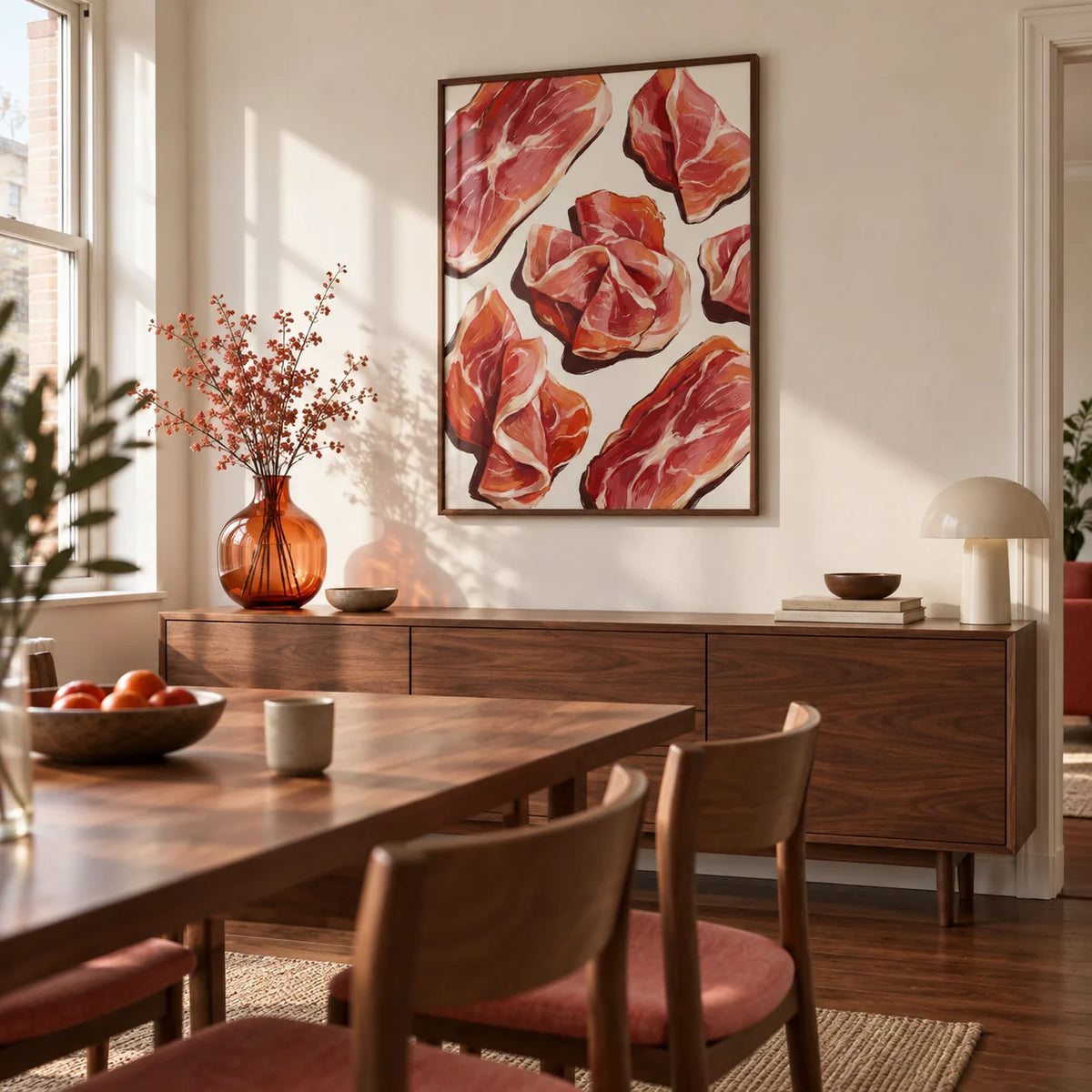 Parma Ham Poster, framed on the wall of a design-led dining room in a city flat with a warm white wall and walnut floor