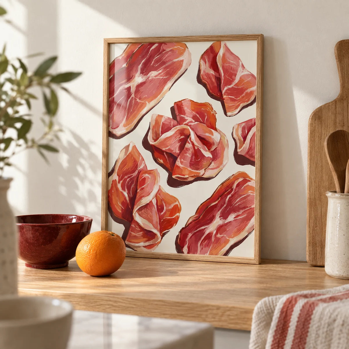 Parma Ham Poster, a small A4 framed print leaning on a pale oak kitchen worktop