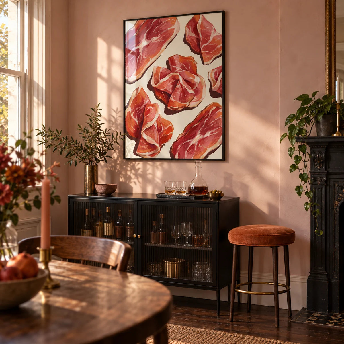 Parma Ham Poster, framed on the wall of a small home bar corner in a Victorian terrace dining room with pale pink plaster walls and dark oak floorboards