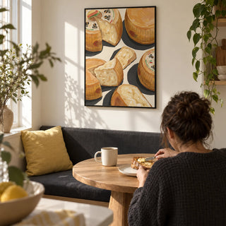 Parmegiano Reggiano Art, framed on the wall of a compact breakfast nook in a first UK flat for a food-loving couple aged 25-35 in a kitchen