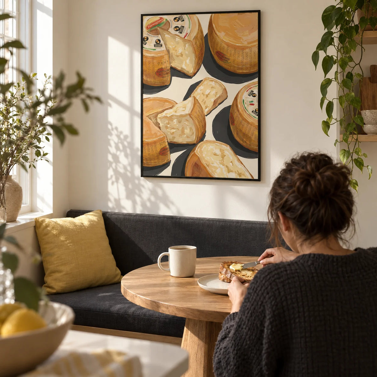 Parmegiano Reggiano Art, framed on the wall of a compact breakfast nook in a first UK flat for a food-loving couple aged 25-35 in a kitchen