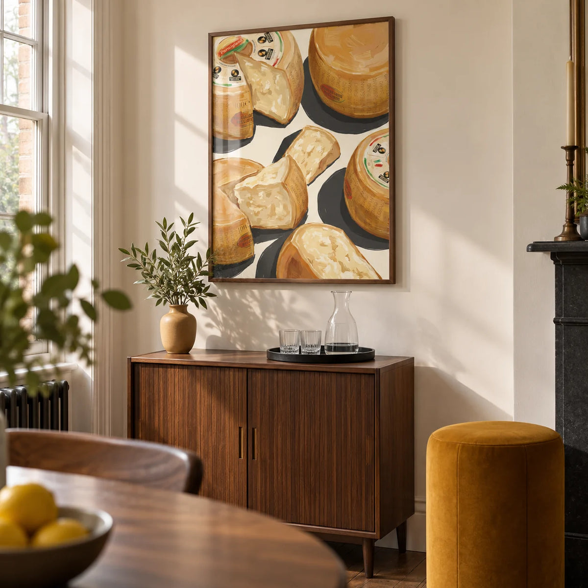 Parmegiano Reggiano Art, framed on the wall of a compact home bar corner in the dining area of a UK Victorian terrace
