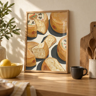 Parmegiano Reggiano Art, a small A4 framed print leaning on an oak kitchen worktop