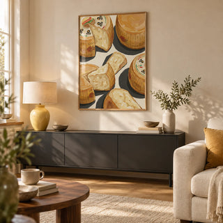 Parmegiano Reggiano Art, framed on the wall of a warm contemporary living room in a UK maisonette with pale plaster walls and an oak floor