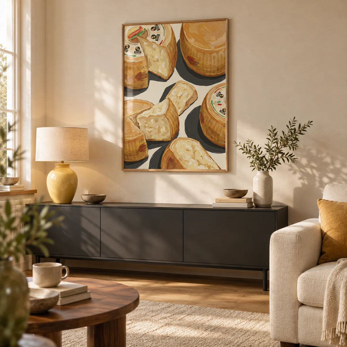 Parmegiano Reggiano Art, framed on the wall of a warm contemporary living room in a UK maisonette with pale plaster walls and an oak floor
