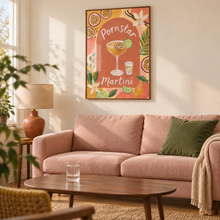 Passion Fruit Martini Poster, framed on the wall of a relaxed contemporary living room in a UK terrace with a warm ivory wall and a light oak floor