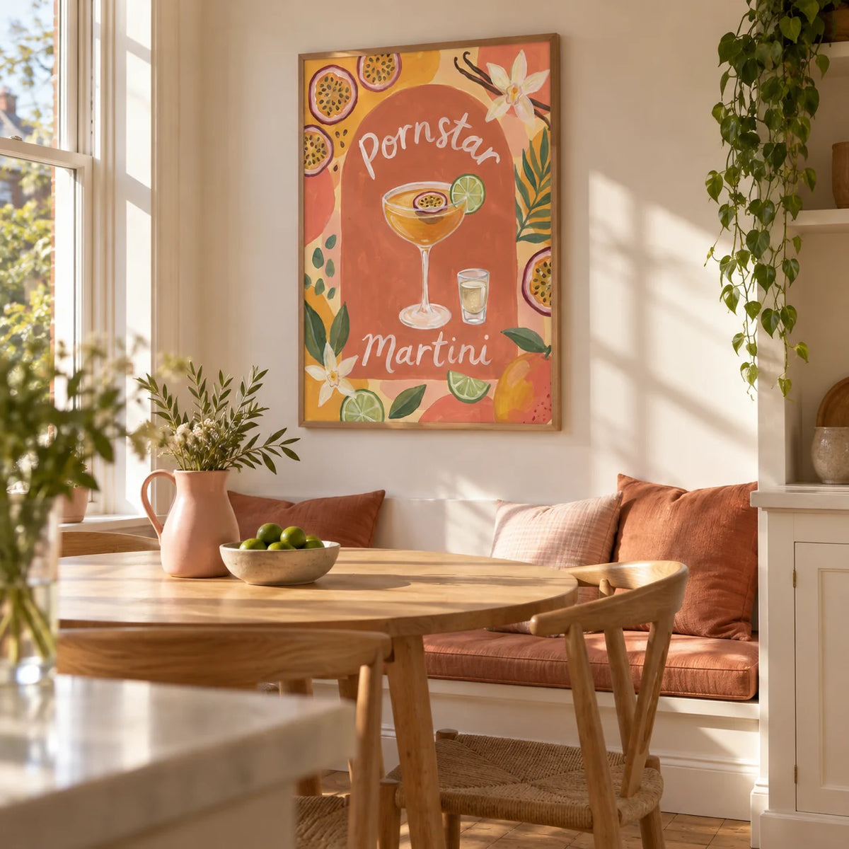 Passion Fruit Martini Poster, framed on the wall of a sunny dining nook in a Victorian terrace with warm white walls and a built-in bench