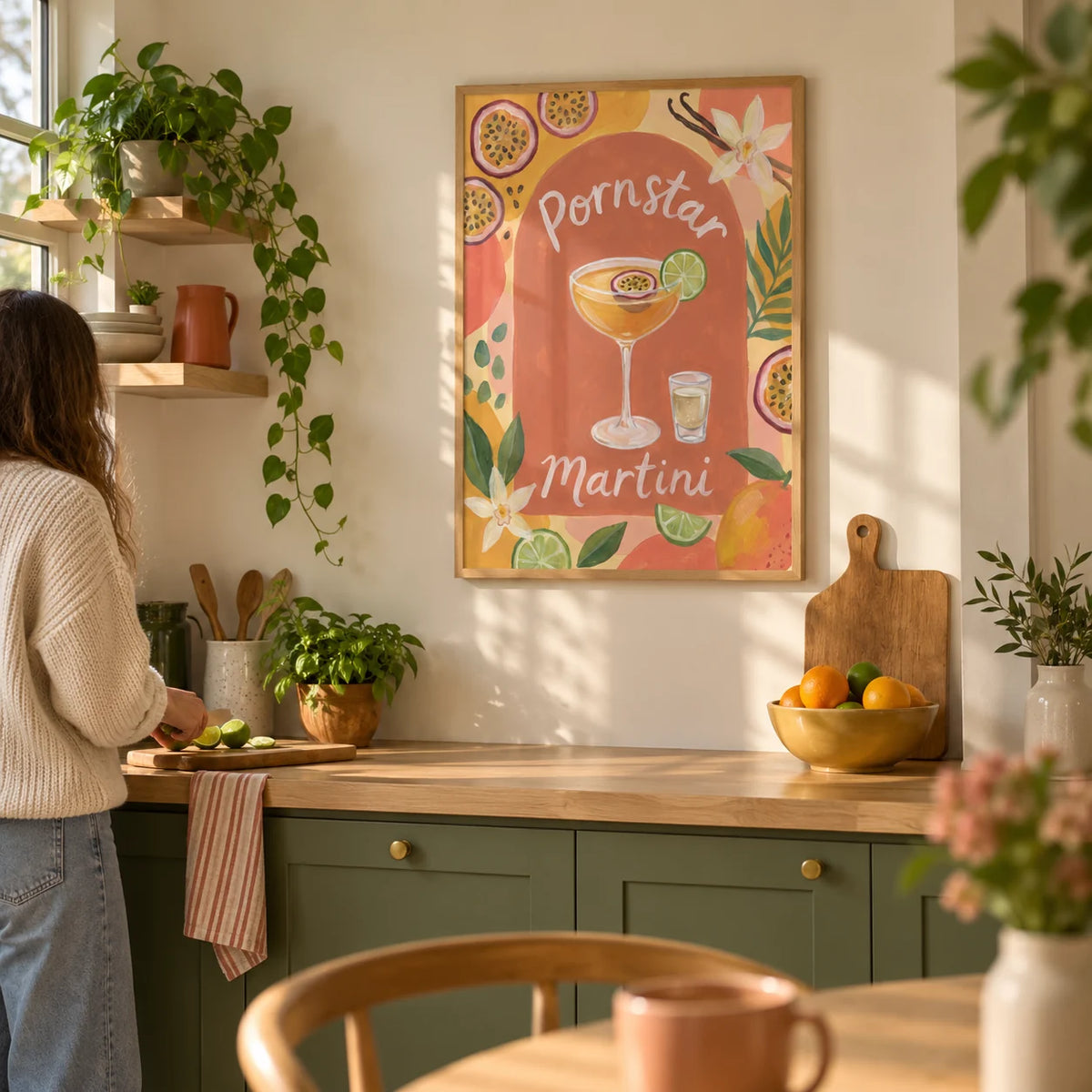 Passion Fruit Martini Poster, framed on the wall of a welcoming modern kitchen in a first flat for adults aged 25-35 with cream walls