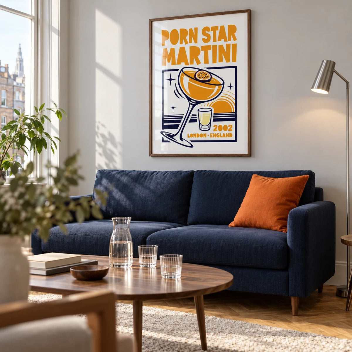 Passion Fruit Martini Print, framed on the wall of a bright modern living room in a UK city flat with a pale grey wall and oak parquet