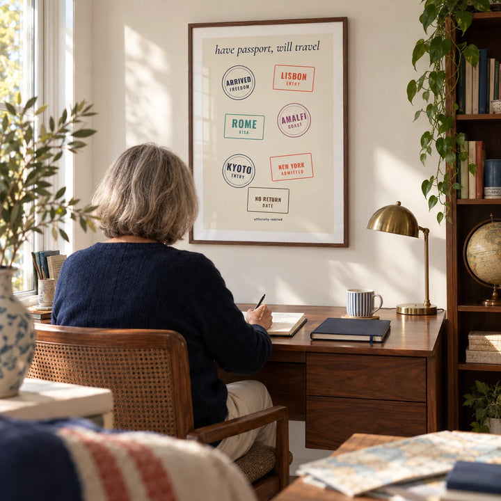 Passport Stamps Poster, framed on the wall of a bright home study for a recently retired traveller (60-70)