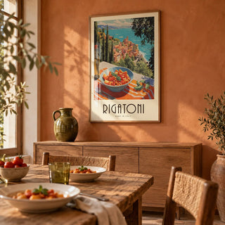 Pasta Artwork, framed on the wall of a Italian dining room with a warm terracotta limewashed wall