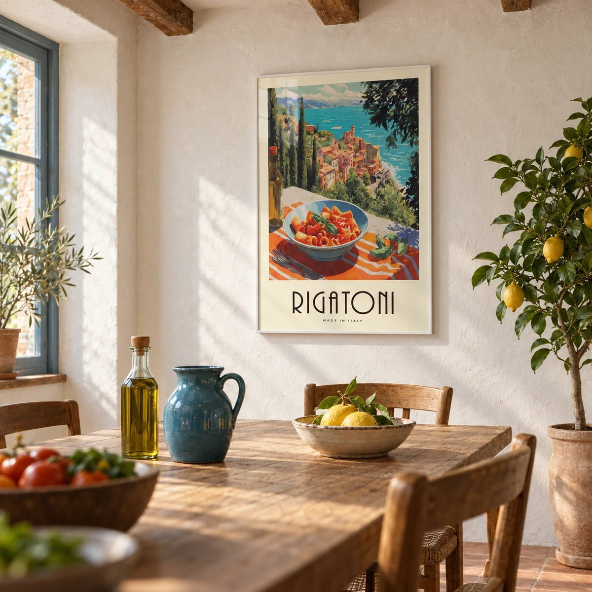 Pasta Artwork, framed on the wall of a Italian kitchen-diner with whitewashed plaster walls and wooden ceiling beams