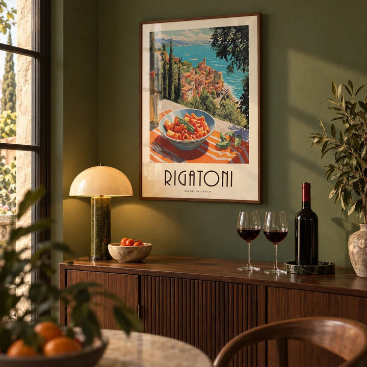 Pasta Artwork, framed on the wall of a Italian-style home bar corner with a deep olive green painted wall in a living room