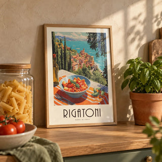 Pasta Artwork, a small A4 framed print leaning on an oak worktop in a kitchen