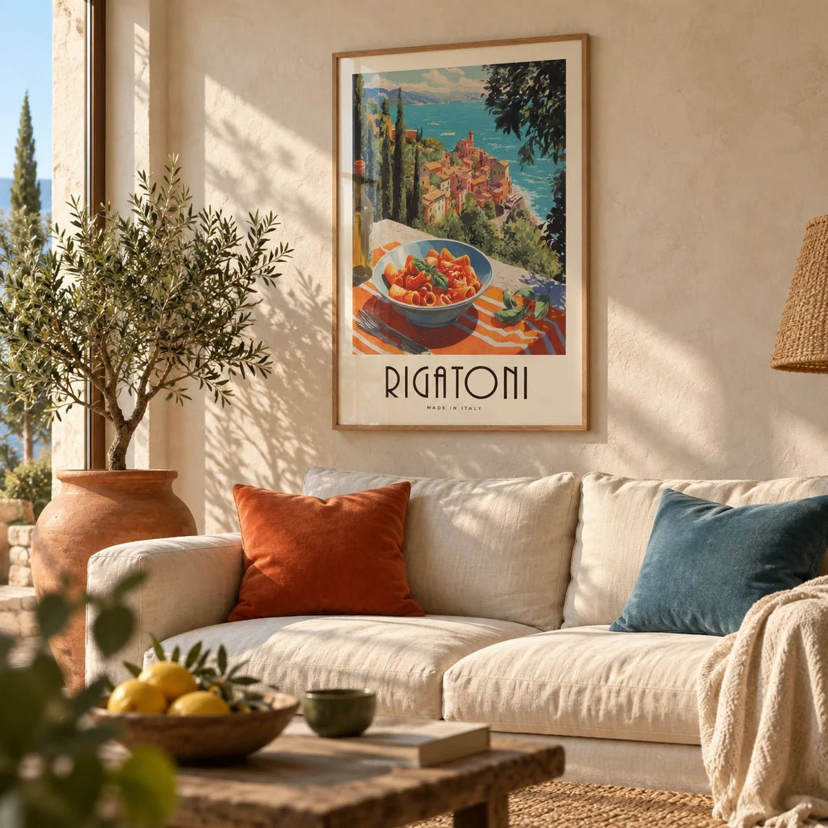 Pasta Artwork, framed on the wall of a warm Mediterranean living room with a limewashed plaster wall