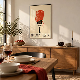 Pasta Wall Art, framed on the wall of a modern dining room