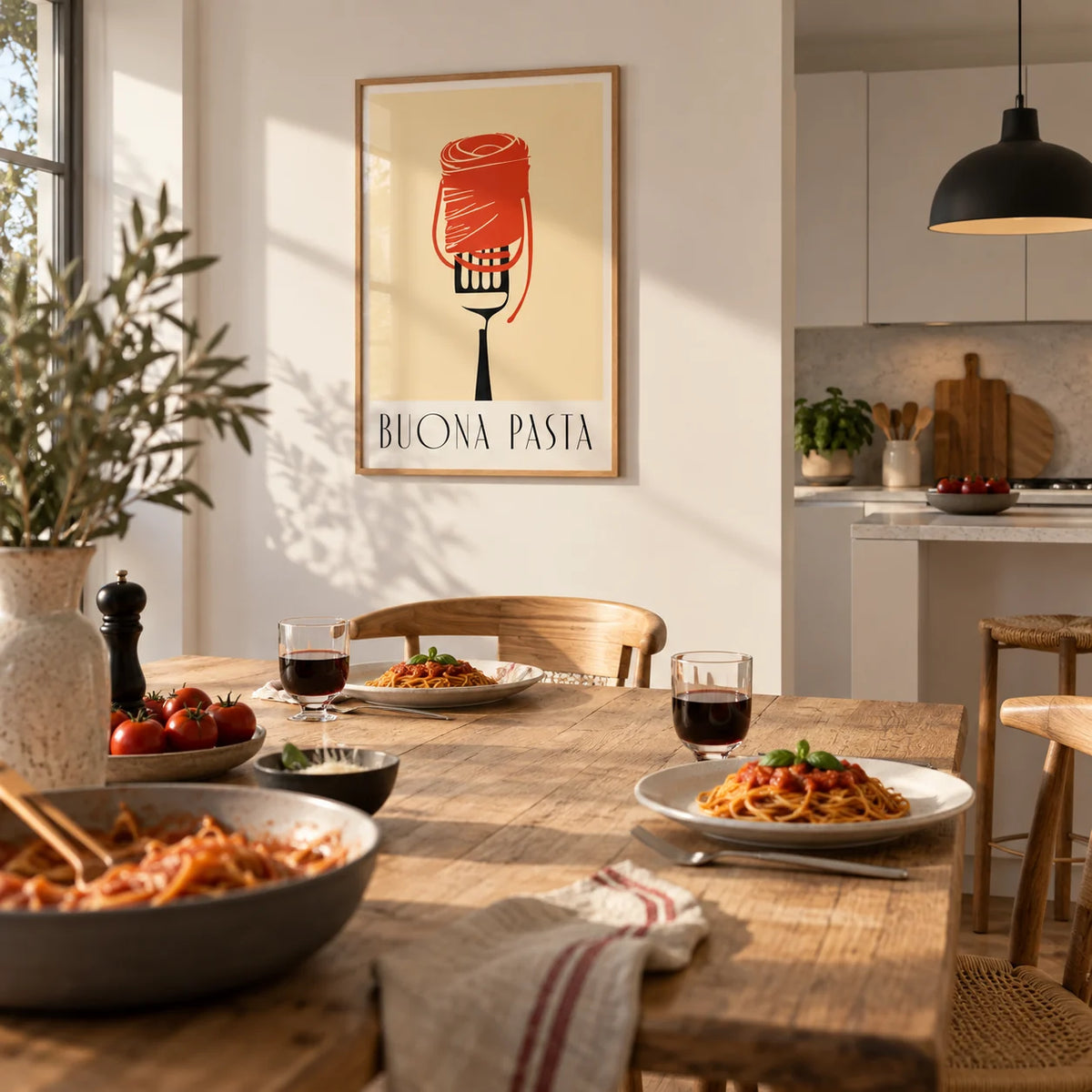 Pasta Wall Art, framed on the wall of an open-plan kitchen-diner