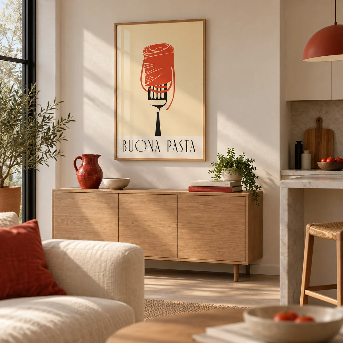 Pasta Wall Art, framed on the wall of an open-plan living space by the kitchen