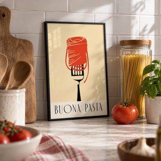 Pasta Wall Art, a small A4 framed print leaning on a worktop in a kitchen