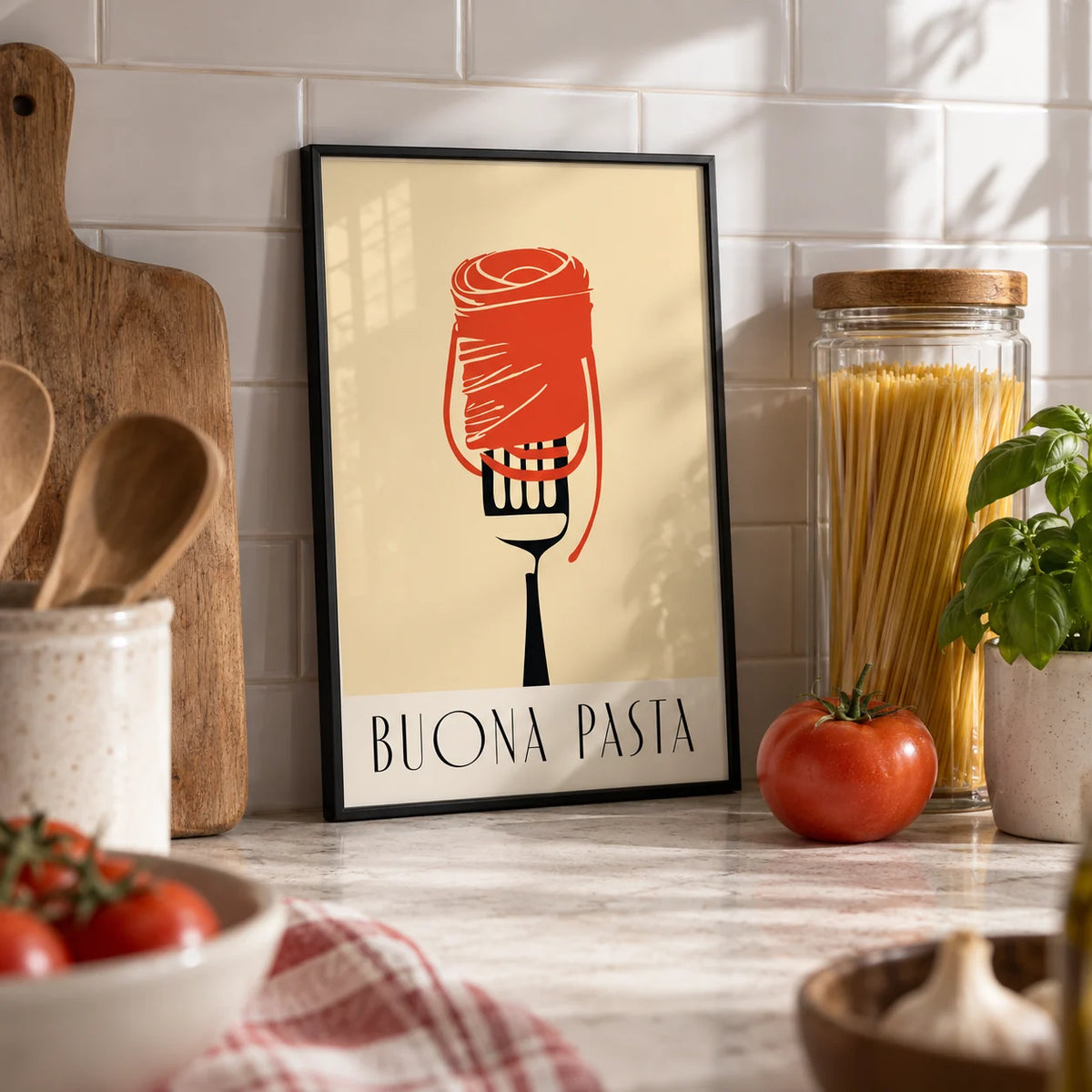 Pasta Wall Art, a small A4 framed print leaning on a worktop in a kitchen
