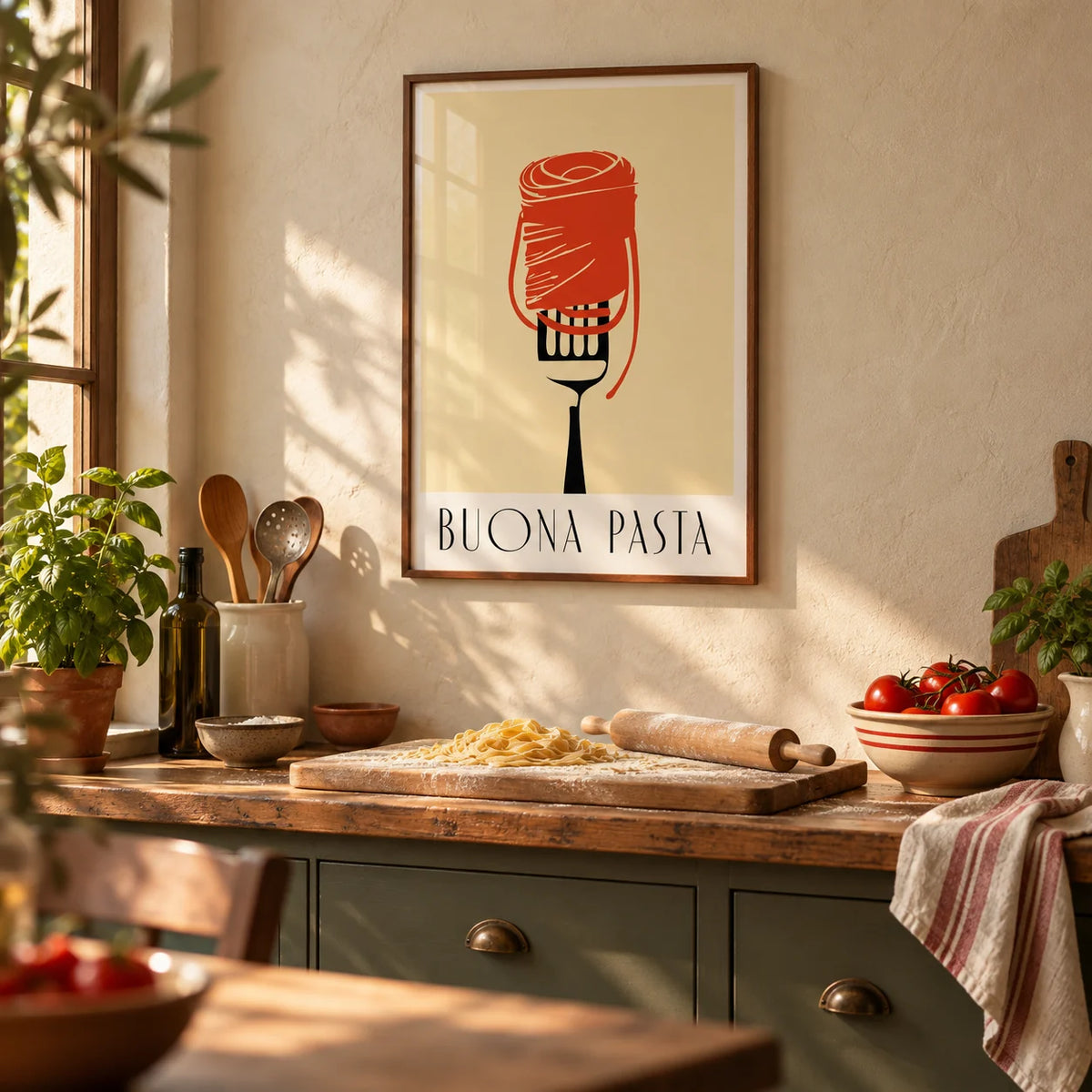 Pasta Wall Art, framed on the wall of a warm Italian-style kitchen