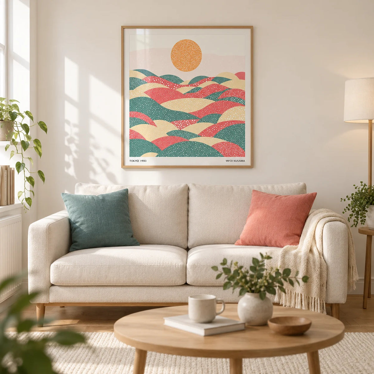 Pastel Abstract Artwork, framed on the wall of a bright modern living room in a UK first flat (22-30)